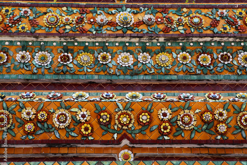 Mosaic Flowers on Wat Pho, Bangkok, Thailand