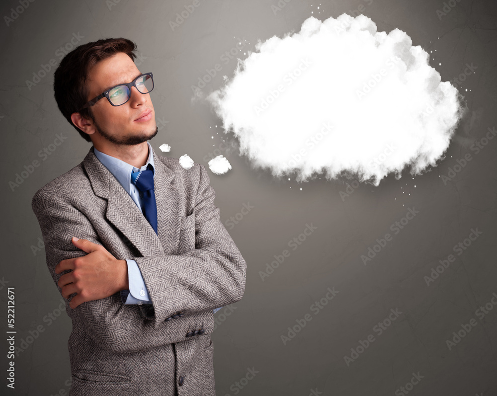Young man thinking about cloud speech or thought bubble with cop Young man thinking about cloud speech or thought bubble with cop