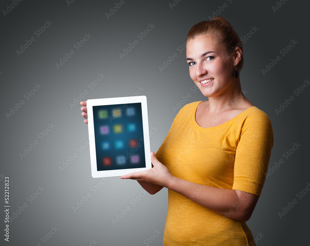 woman holding modern tablet with colorful icons woman holding modern tablet with colorful icons