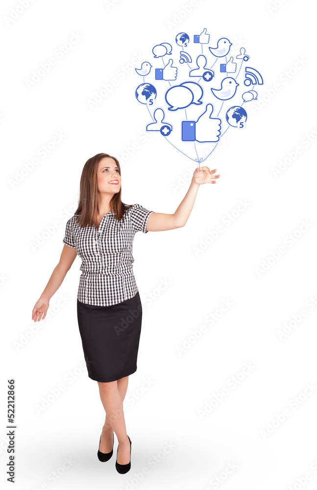 Happy lady holding social icon balloon Happy lady holding social icon balloon