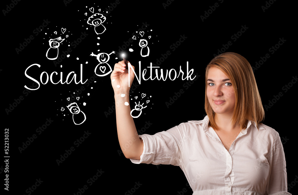 Woman draving social network theme on whiteboard Woman draving social network theme on whiteboard