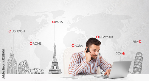 Businessman with world map and major landmarks of the world