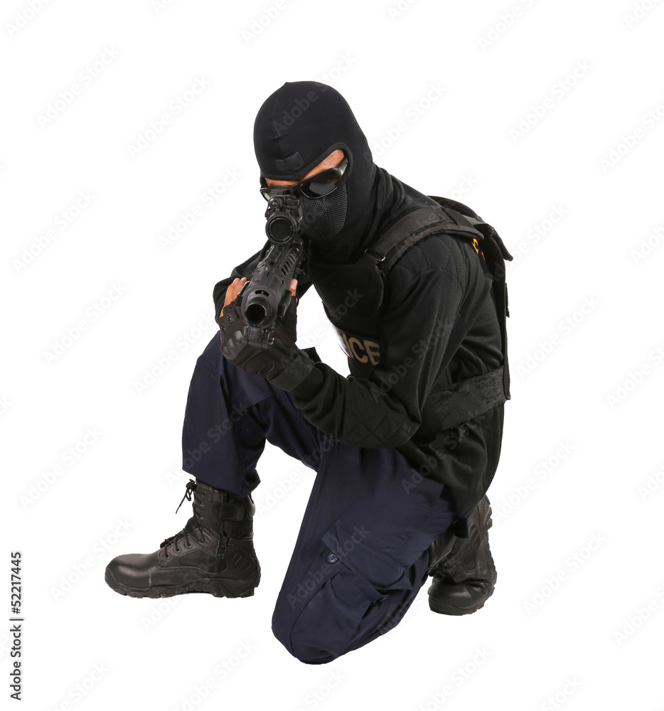 SWAT Team Officer on white isolated background SWAT Team Officer on white isolated background