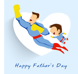 Fototapete Superhelden Superhero father and son flying up on white heart shape blue bac  © Abdul Qaiyoom