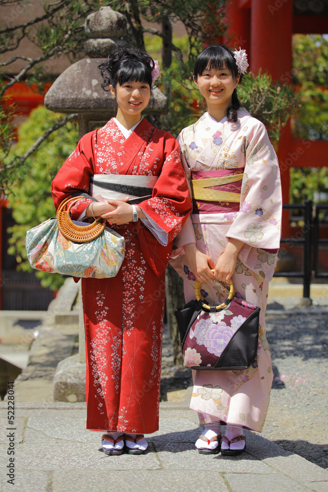 Smiling Asian Women in Kimono Dress