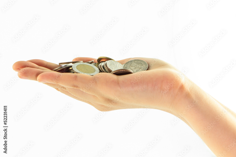 Coins on hand isolate Coins on hand isolate