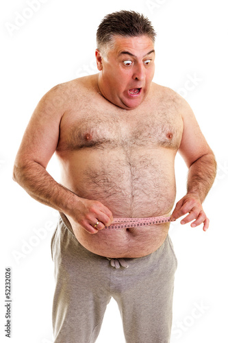 Expressive fat man with a tape measure