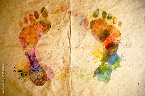 Watercolor footprint, old paper background