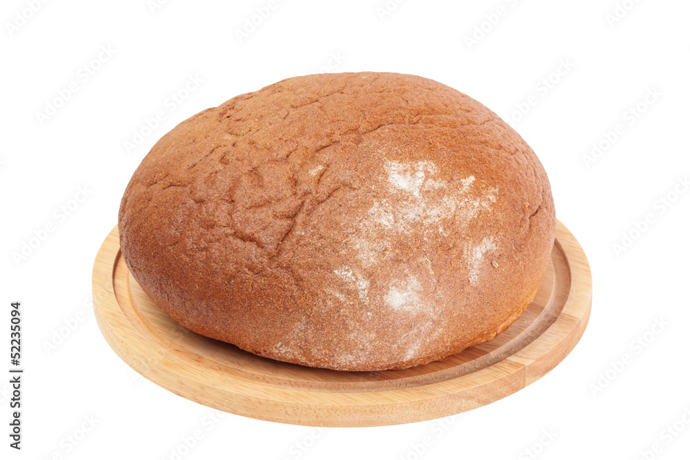 loaf of rye bread on wooden board isolated on white loaf of rye bread on wooden board isolated on white