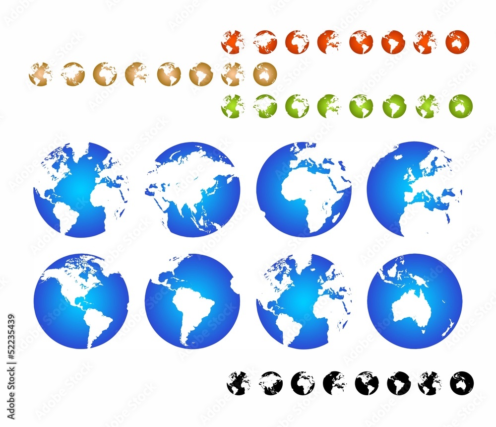 Set of vector globe icons - all continents Set of vector globe icons - all continents