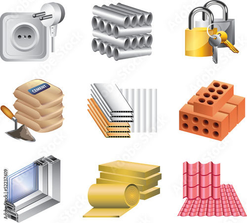 building materials icons detailed vector set