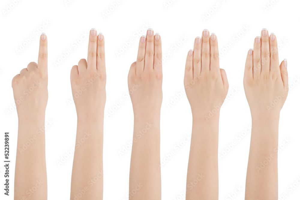 Woman's hand counts from one to five. Woman's hand counts from one to five.