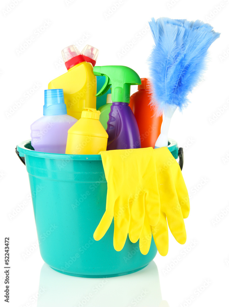 Cleaning items in bucket isolated on white Cleaning items in bucket isolated on white
