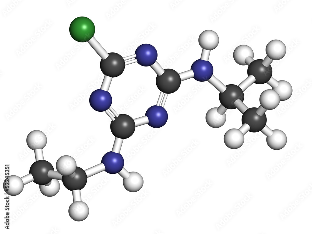 Atrazine herbicide, molecular model. Atrazine herbicide, molecular model.