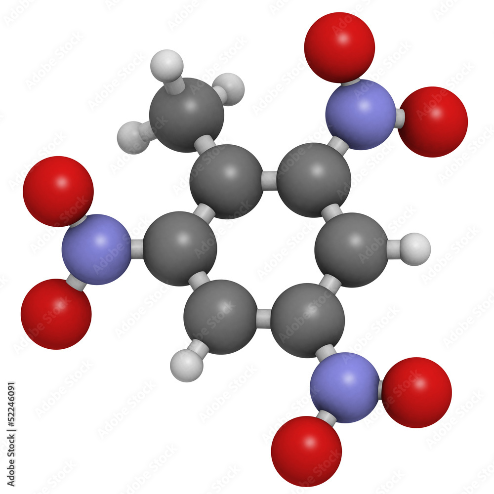 Trinitrotoluene (TNT) explosive molecule, chemical structure Trinitrotoluene (TNT) explosive molecule, chemical structure