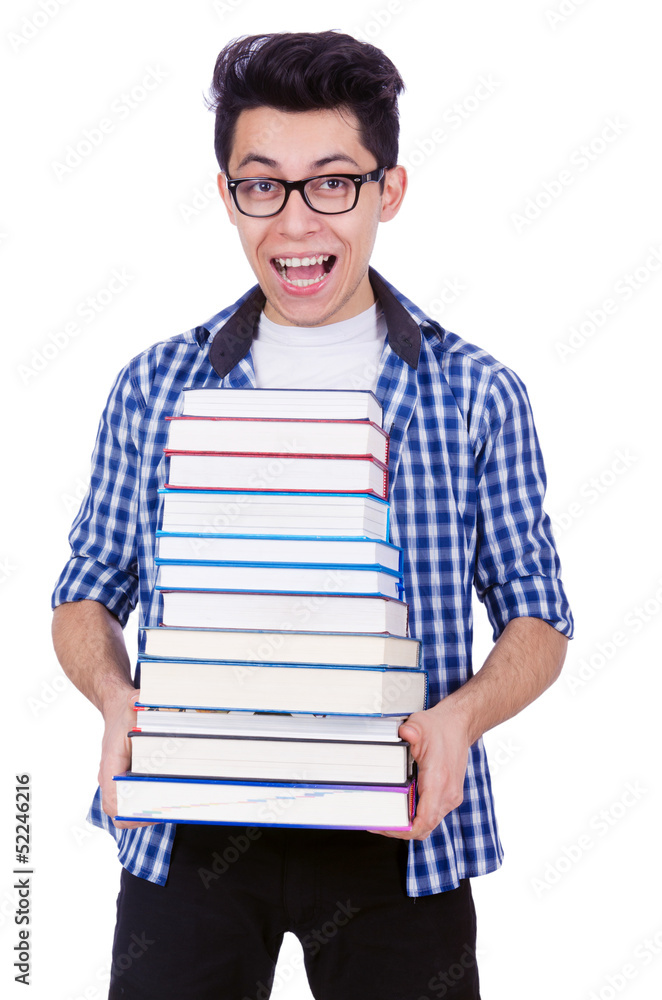Student with lots of books on white Student with lots of books on white