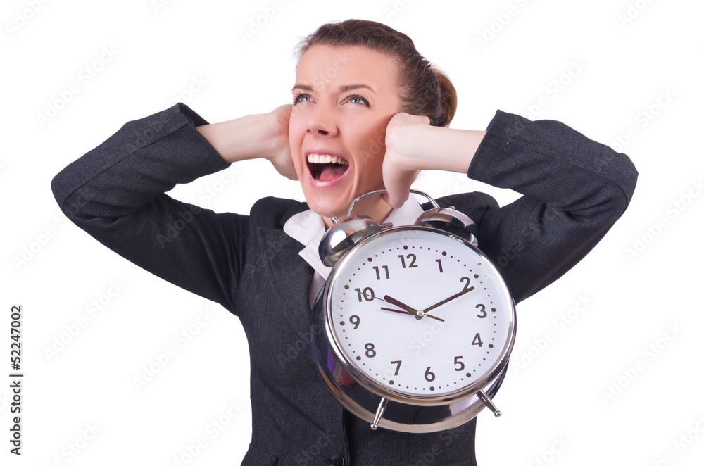 Woman with giant clock on white