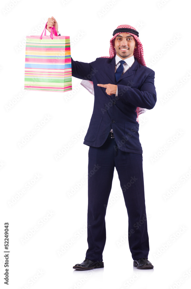 Arab man with shopping gifts on white Arab man with shopping gifts on white