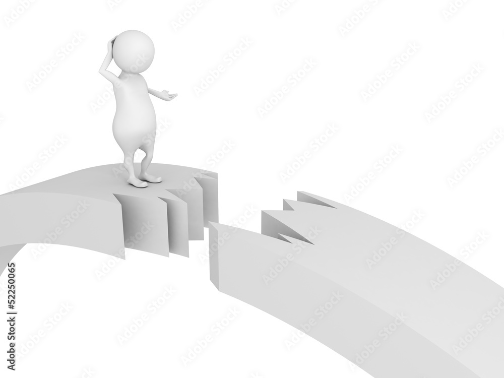 3d man standing on broken cracked bridge damage 3d man standing on broken cracked bridge damage