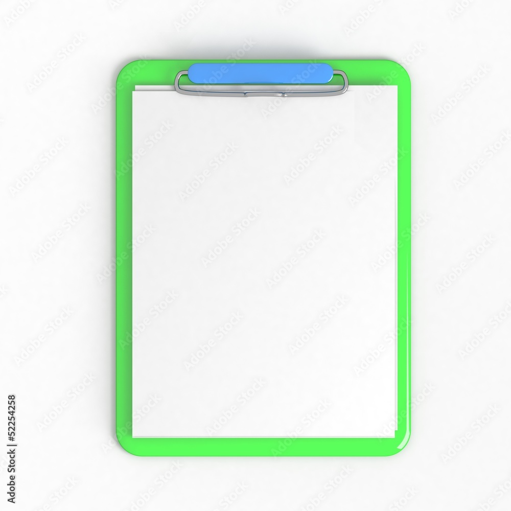 Green clipboard with blank sheets of paper isolated on white Green clipboard with blank sheets of paper isolated on white