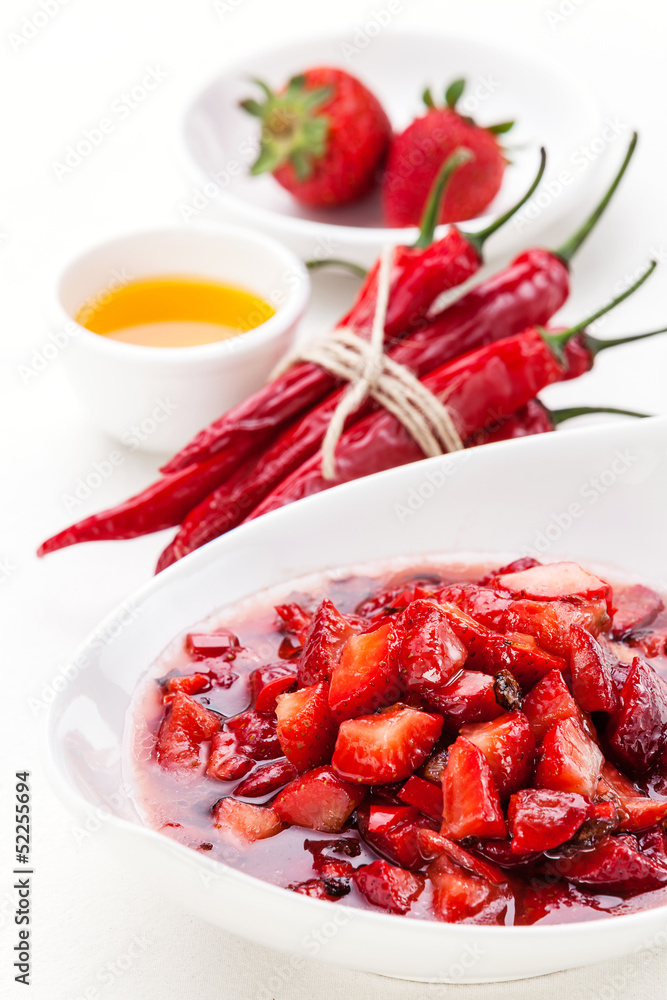 Strawberry salsa in bowl on white Strawberry salsa in bowl on white