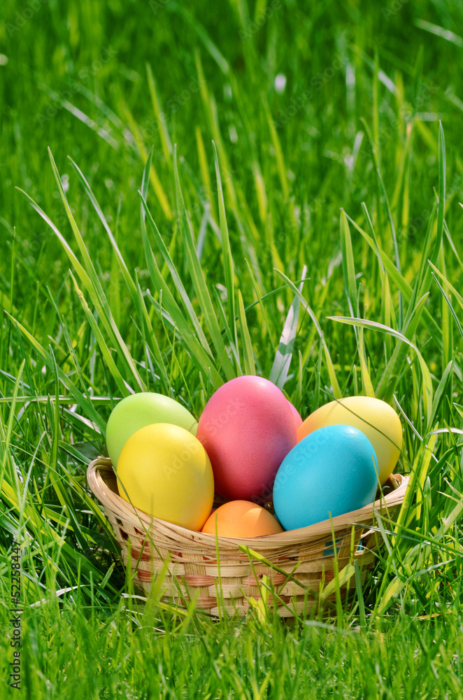 Easter eggs in the basket on the green grass