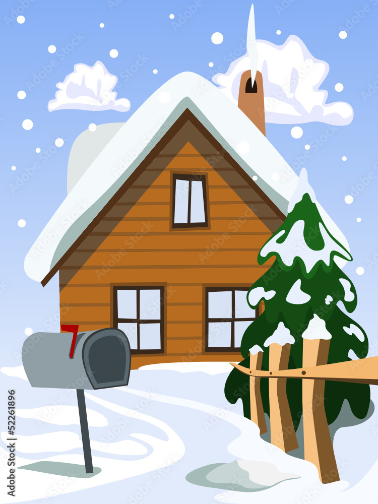 Naklejka premium Illustration of house in snow landscape