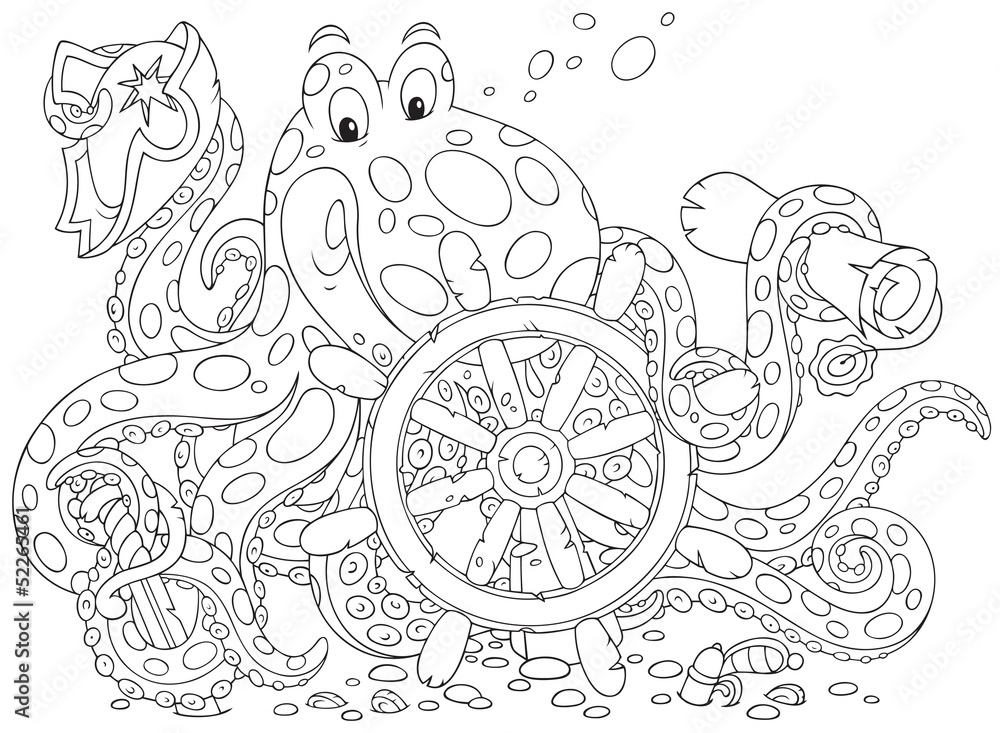 Octopus pirate with a steering wheel and map Octopus pirate with a steering wheel and map