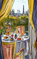 Fototapete Abbildung Paris Illustrierte Strasse mit Pariser Charme  © ZoomTeam
