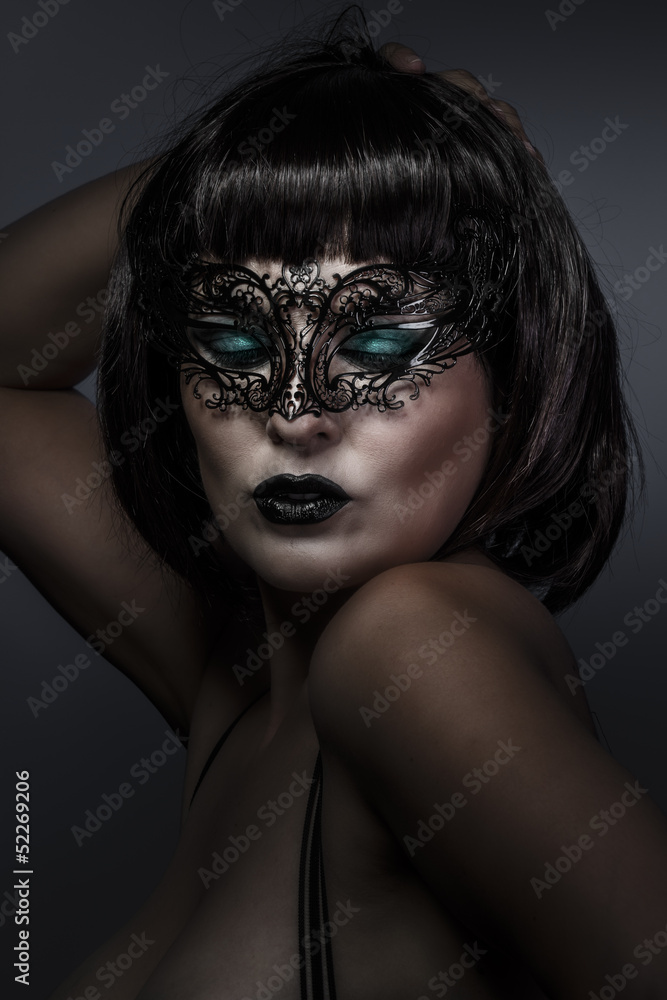 beautiful brunette with short hair and Venetian mask, cabaret beautiful brunette with short hair and Venetian mask, cabaret