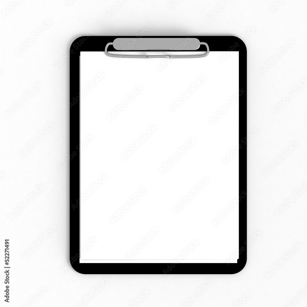 Black clipboard with blank sheets of paper isolated on white Black clipboard with blank sheets of paper isolated on white