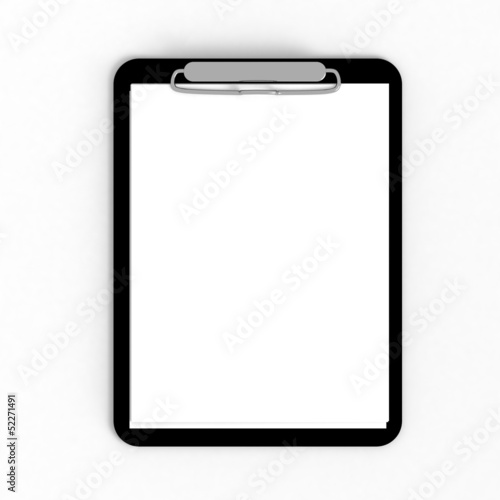 Black clipboard with blank sheets of paper isolated on white