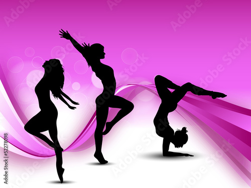Illustration of rhythmic gymnastic girls on pink wave background