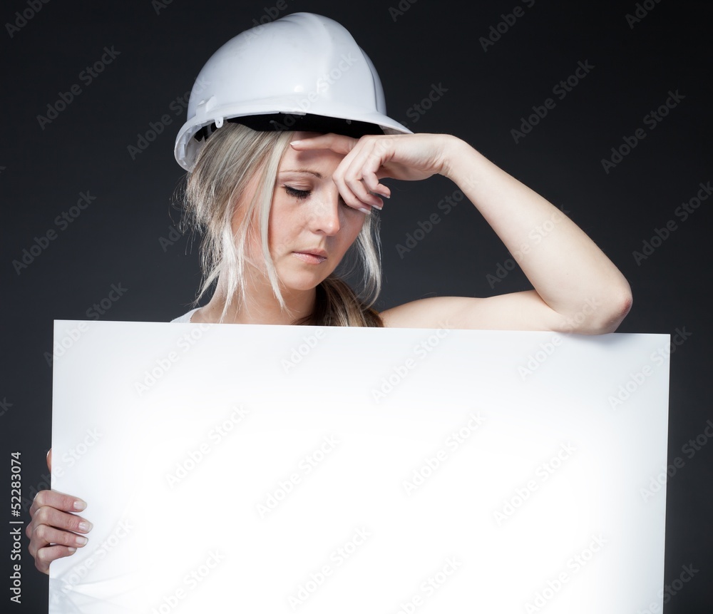Young architect woman thinking, empty banner Young architect woman thinking, empty banner