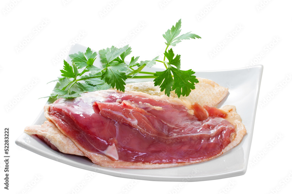 Marinated duck fillet on a white background Marinated duck fillet on a white background