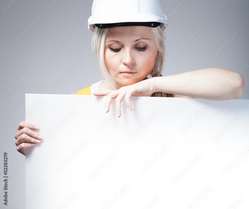 Young builder craftswoman construction worker, empty frame Young builder craftswoman construction worker, empty frame