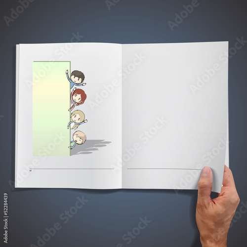  Children peeking behind a white poster inside a book.