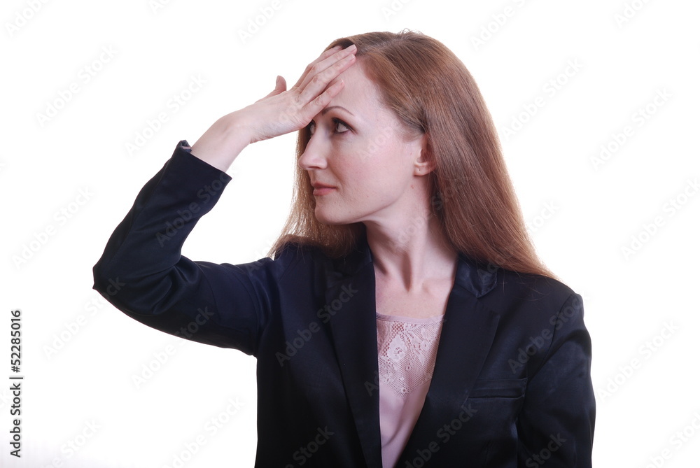 beautiful business woman with hand on forehead beautiful business woman with hand on forehead