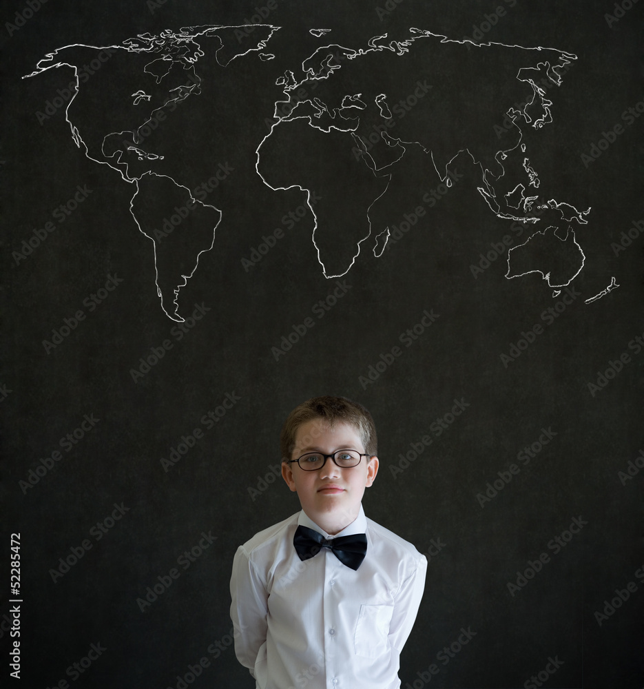 Thinking boy business man with chalk geography world map