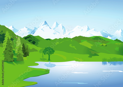 Landschaft mit hohen Bergen und See