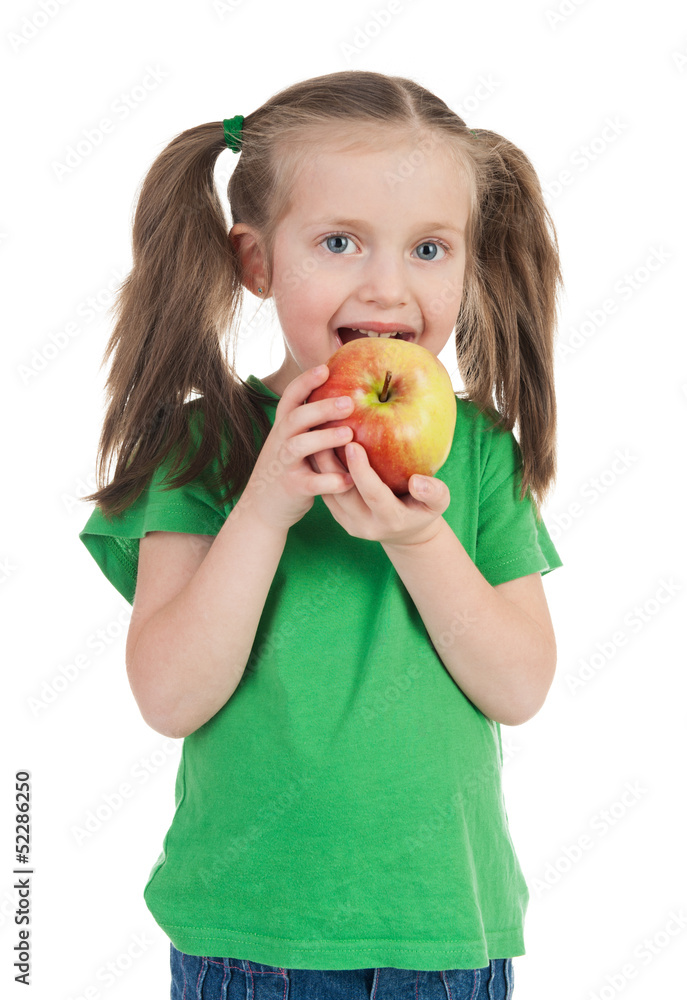 girl eat apple on white