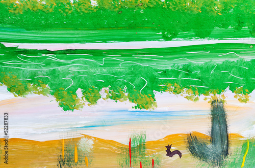 Fototapeta Naklejka Na Ścianę i Meble -  child's painting - squirrel on riverbank in forest