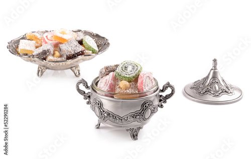 Turkish delight in a traditional metal container