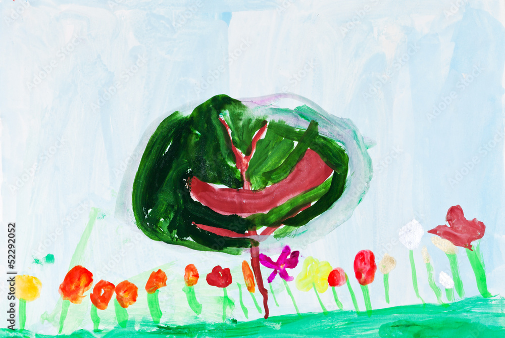 Naklejka premium child's painting - green tree and flowers