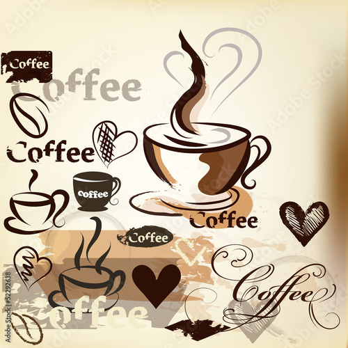 Coffee grunge vintage vector design with coffee cups, grains an © Mary fleur