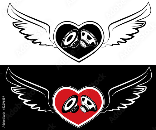 Heart, speaker and wings. Tattoo on a white and black background