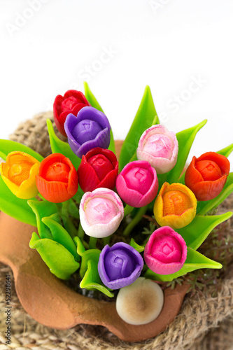 Colorful tulip on flowerpod in sack photo