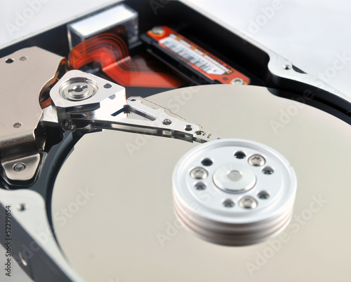 Close-up of internal components of a harddisk drive (HDD)