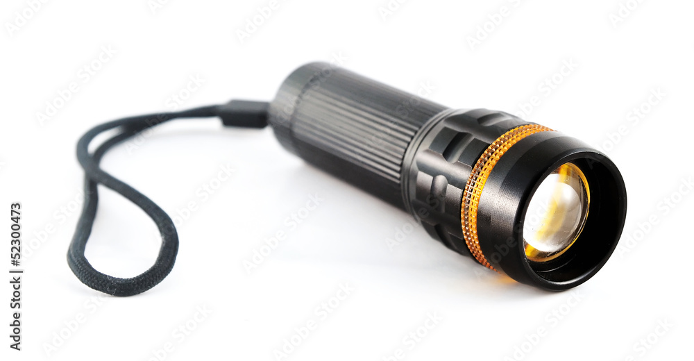 Black torchlight with strap on white background Black torchlight with strap on white background