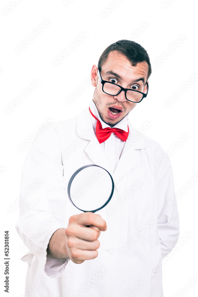 Shocked scientist with magnifying glass